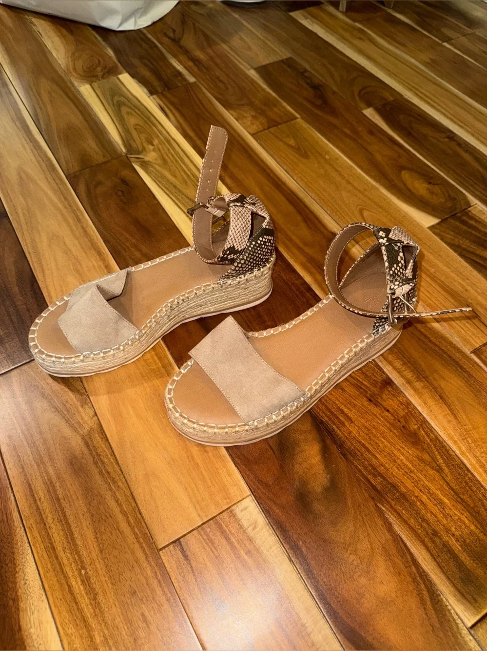 Women’s Tan Espadrille Platform Sandals with snake like print Ankle Strap
